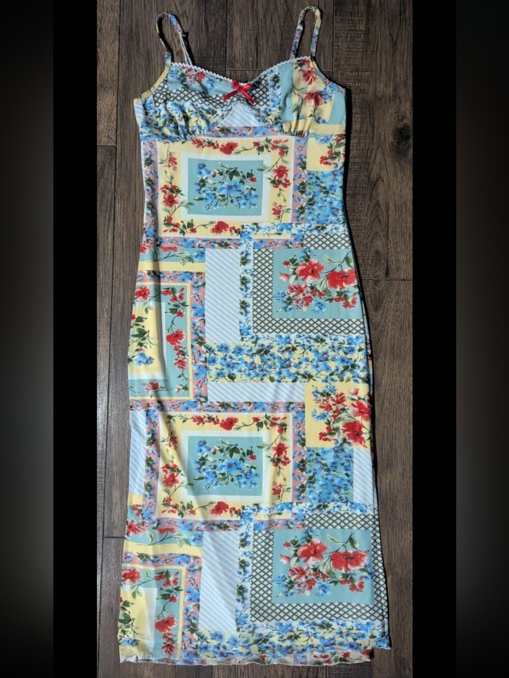 Thirty Thirty LA Mesh Colorful Sky Blue Floral Patchwork Midi Slip Dress Size L